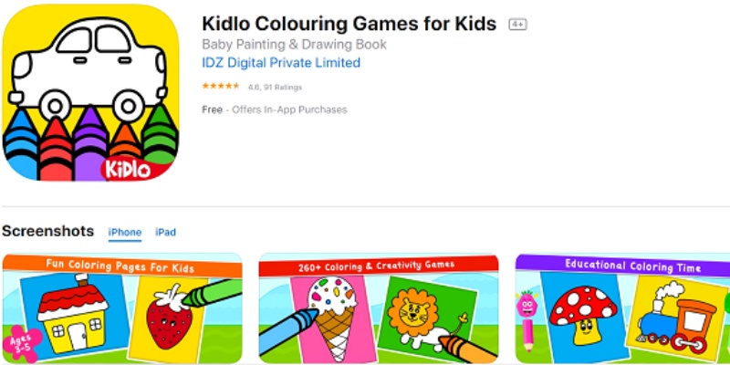 Kidlo Colouring Games for Kids cùng bé phát triển sự sáng tạo